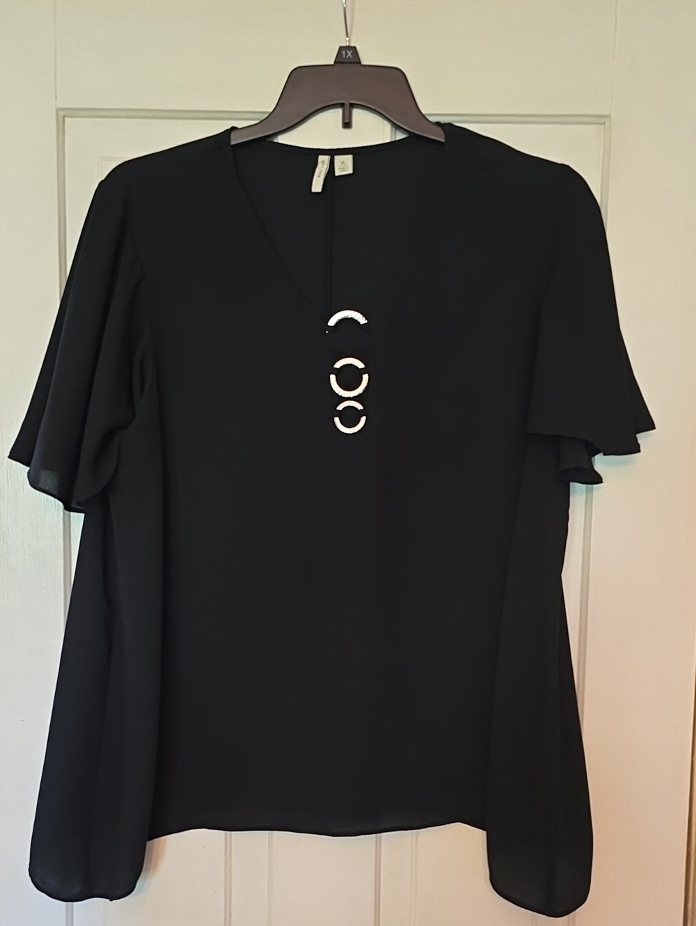 Cato Black V-Neck Flutter Sleeve Top with Silver Ring Detail